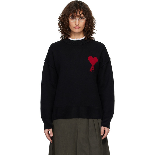  Ami Paris Black Wool Crewneck Ami De Coeur Sweater 