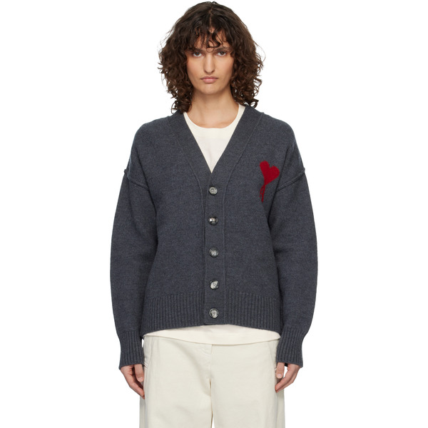  Ami Paris Gray Wool Ami De Coeur Cardigan 