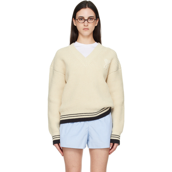  Ami Paris White Ribbed Wool V Neck Ami De Coeur Sweater 