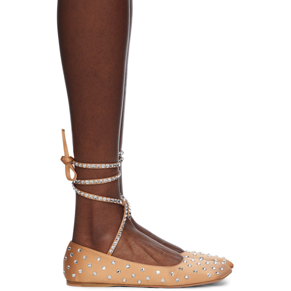  Amina Muaddi Beige Ane Crystal Lace Up Ballerina Flats 