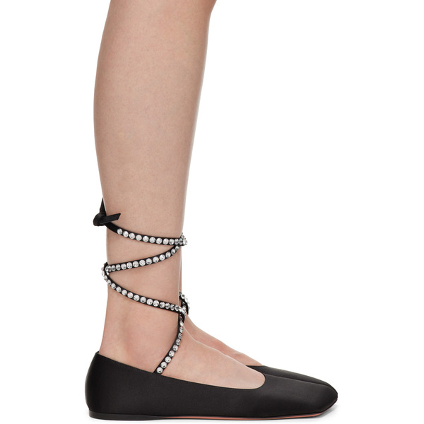  Amina Muaddi Black Ane Lace Up Ballerina Flats 