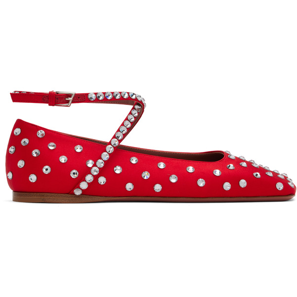  Amina Muaddi Red Ane Crystal Lace Up Ballerina Flats 