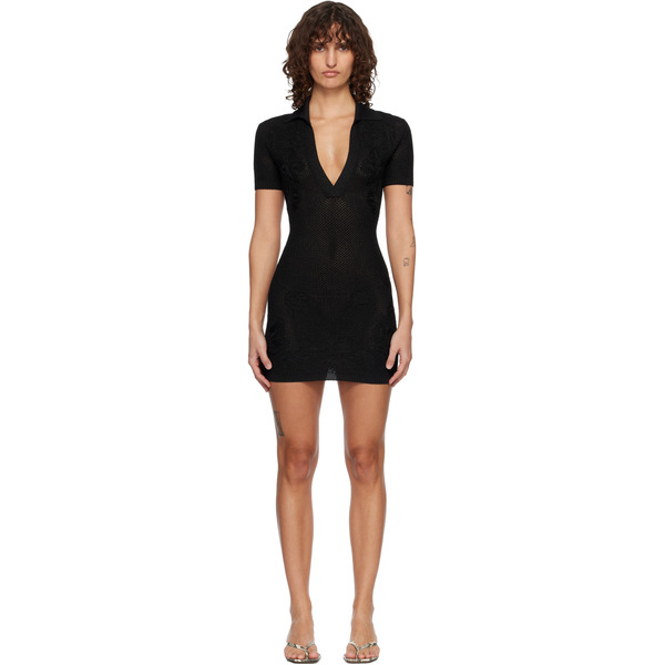  Amiri Black Floral Crochet Polo Minidress 