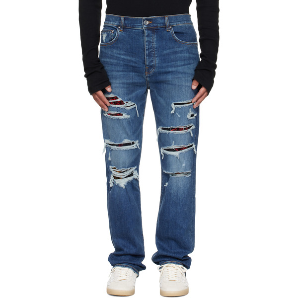  Amiri Blue Floral Velvet Slim Thrasher Jeans 