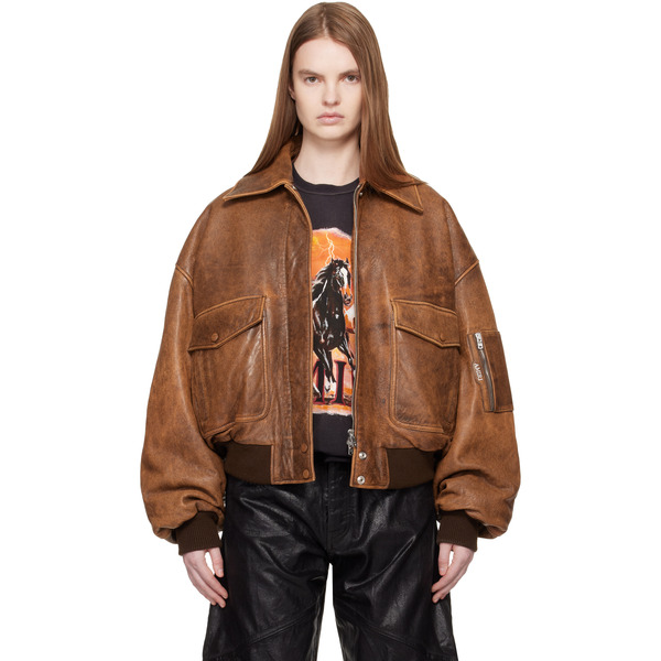  Amiri Tan Faded Leather Bomber Jacket 