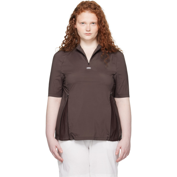 Amomento Brown Mock Neck Half Zip T-shirt 