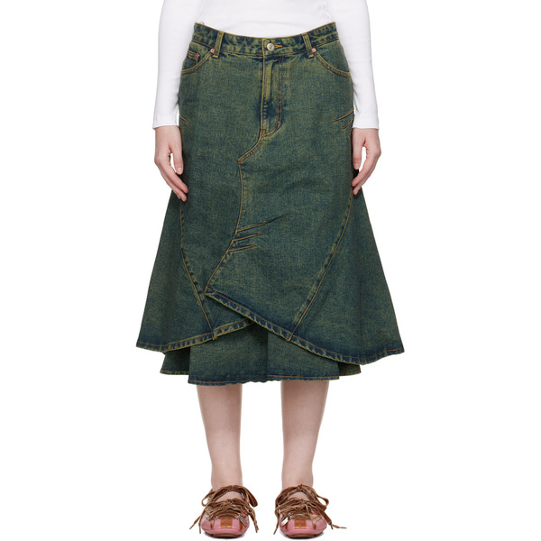  Andersson Bell Blue Custom Flare Layered Denim Midi Skirt 