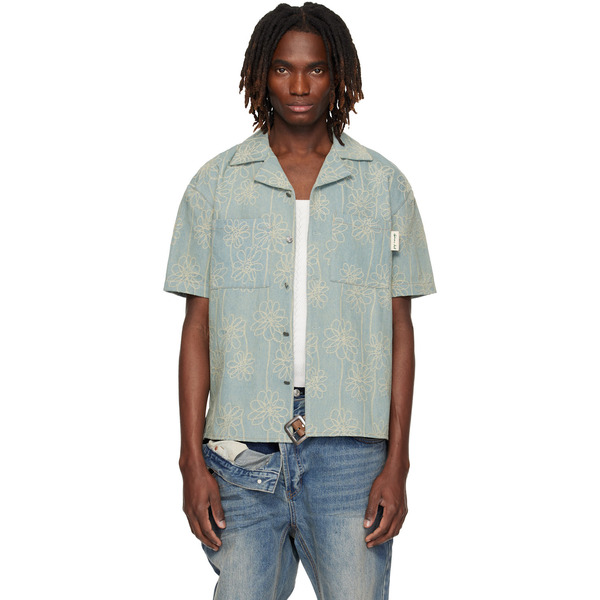  Andersson Bell Blue Flower Embroidery Open Collar Denim Shirt 