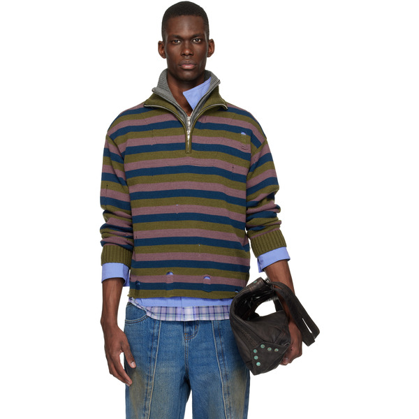  Andersson Bell Blue & Gray Double Layered Stripe Half Zip-up Sweater 