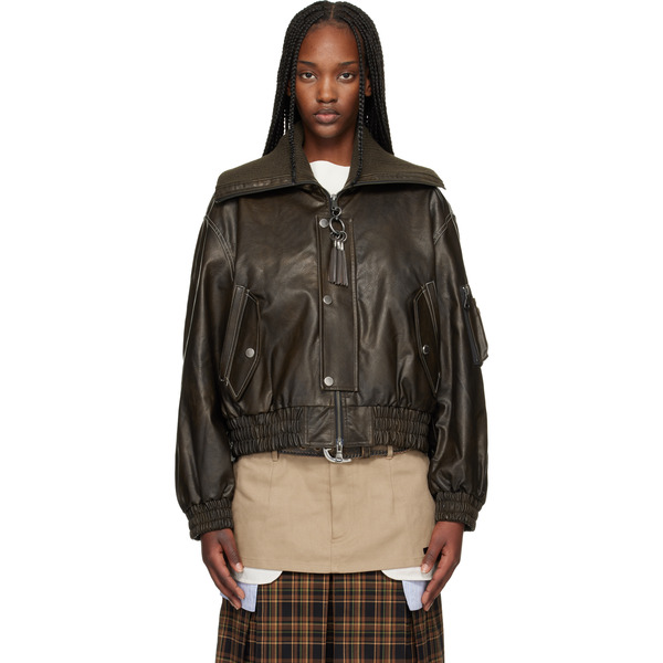  Andersson Bell Brown Knit-collar Ma-1 Faux-leather Bomber Jacket 