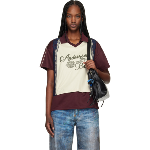  Andersson Bell Burgundy & Off-white Lace Trimmed Jersey Polo 