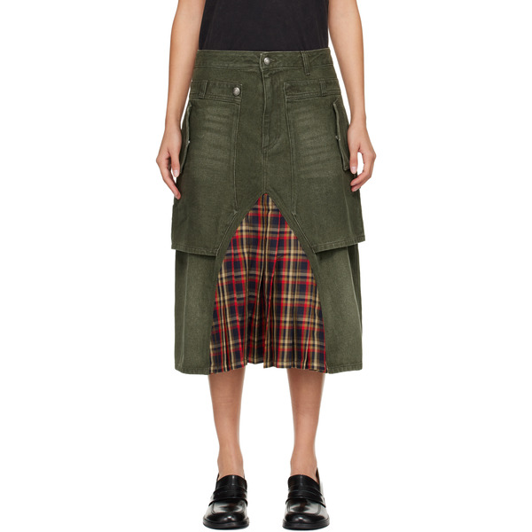  Andersson Bell Khaki Raptor Layered Pleats Denim Midi Skirt 