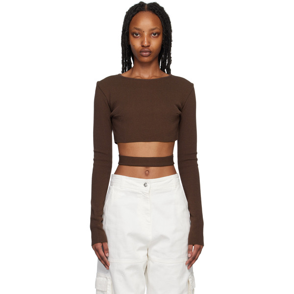  AndreĀdamo Brown Cutout Long Sleeve T-shirt 
