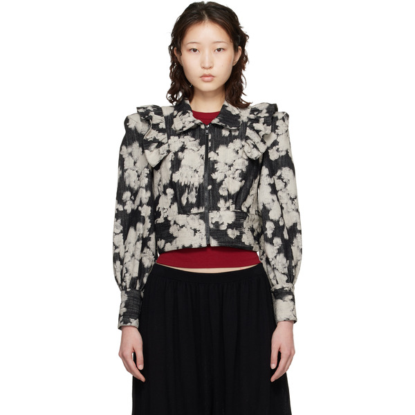  Anna Sui Black & Off-white Cropped Ruffle Jacket 