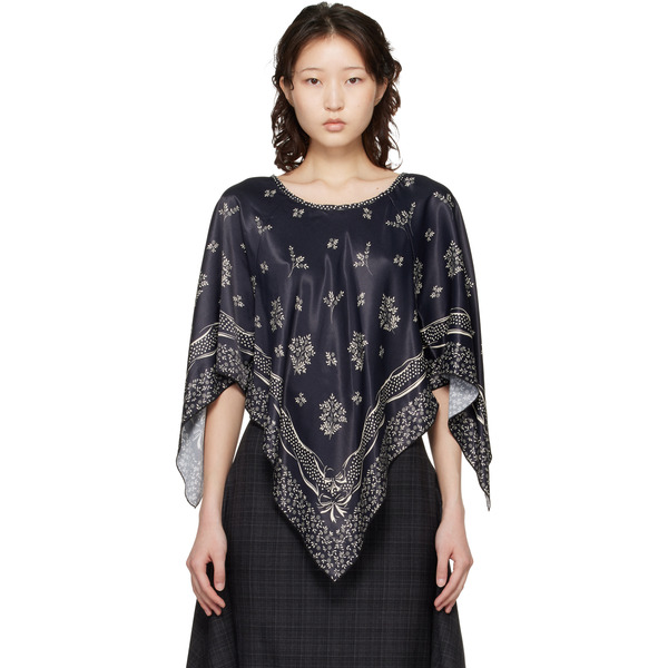  Anna Sui Black Ribbon Handkerchief Satin Print Poncho Blouse 