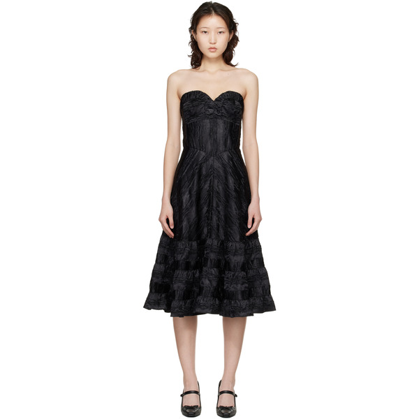  Anna Sui Black Strapless Sweetheart Midi Dress 