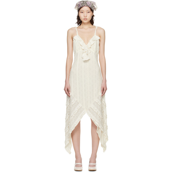  Anna Sui Off-white Floral Ruffle Stretch Lace Handkerchief Midi Dress 