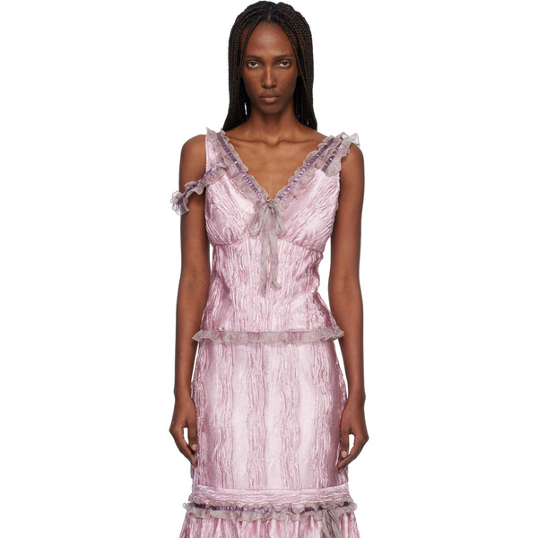 Anna Sui Pink Crushed Satin Bow Tank Top 