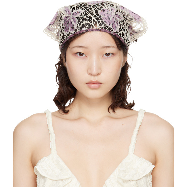  Anna Sui Purple & Off-white Medallion Floral Lace Headscarf 