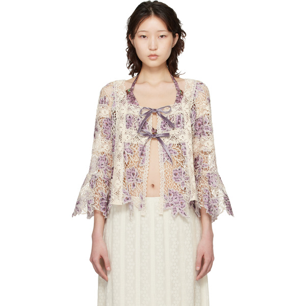 Anna Sui Purple & Off-white Medallion Floral Lace Tie Blouse 