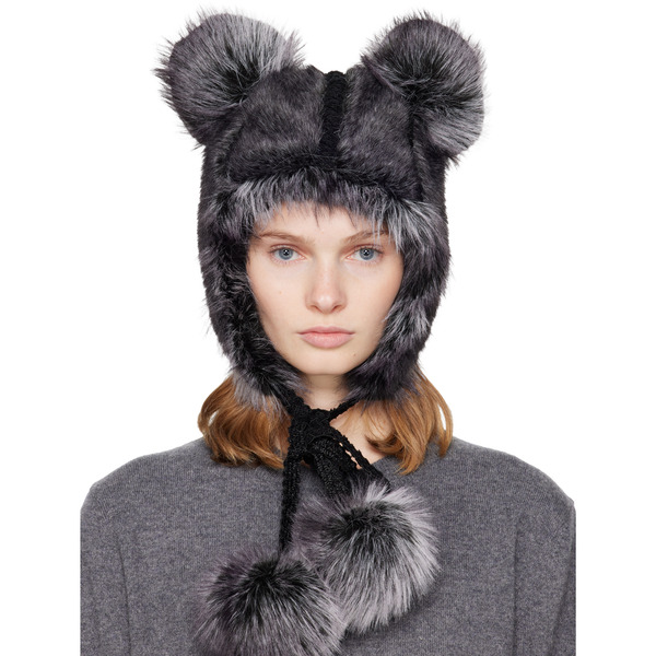  Anna Sui Ssense Exclusive Black & Gray Faux Fur Teddy Bear Hat 