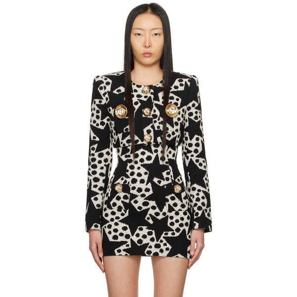  Area Black & Off-white Crystal Medallion Blazer 