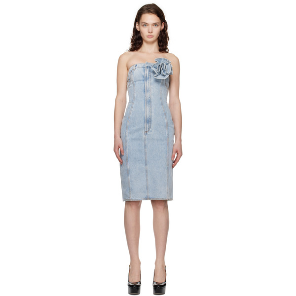  Area Blue Flower Corsage Strapless Denim Midi Dress 