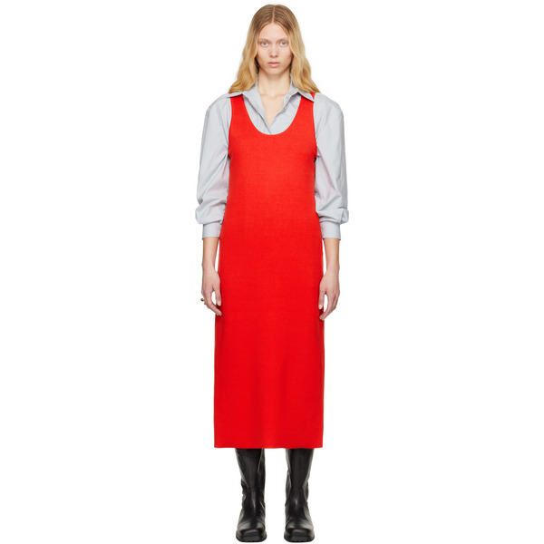  Auralee Red Cotton Silk Stretch Knit Midi Dress 