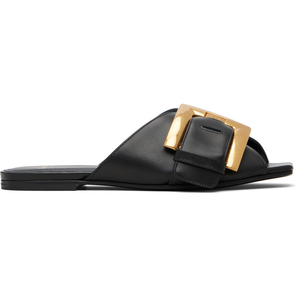  Balmain Black Anthem Flat Calfskin Leather Sandals 