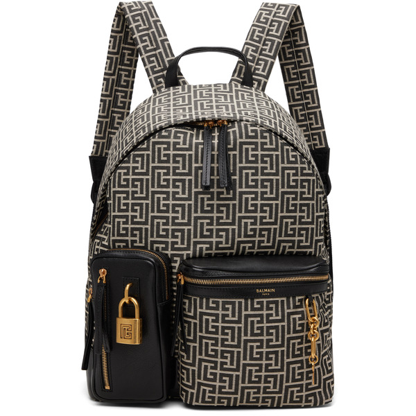  Balmain Black & Beige Pulse Monogram Jacquard Backpack 