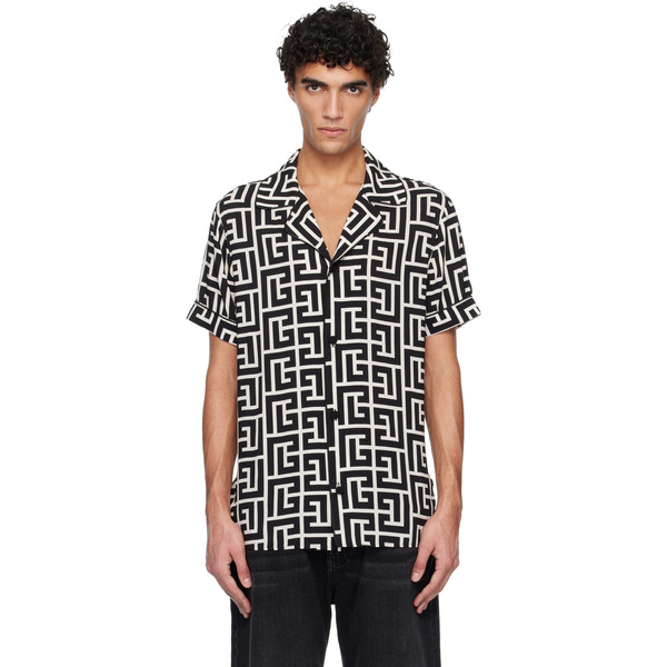  Balmain Black & White Pyjama Monogrammed Print Shirt 