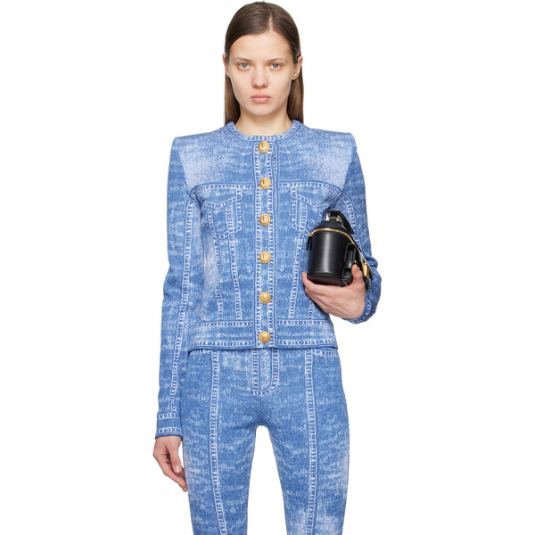  Balmain Blue Jacquard Denim Effect Knit Cardigan 