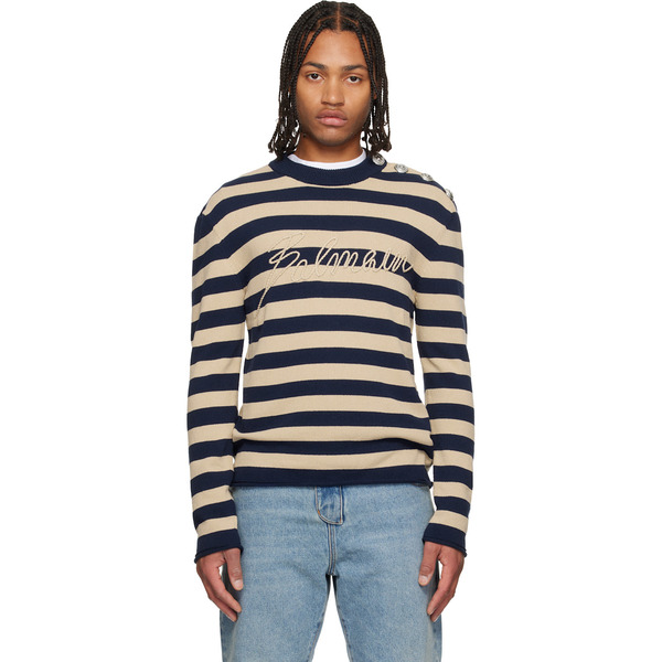  Balmain Navy & Beige 'balmain' Logo Marinière Sweater 