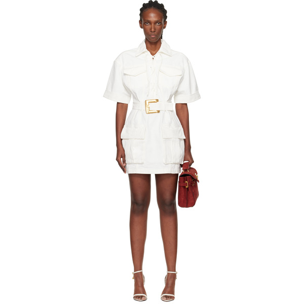  Balmain White Lace-up Canvas Minidress 