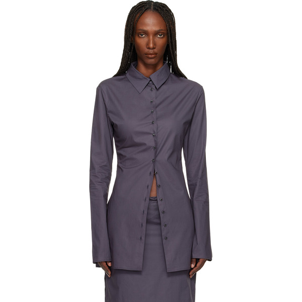  Bambou Roger Kwong Gray Cotton Poplin Fitted Cuffless Shirt 