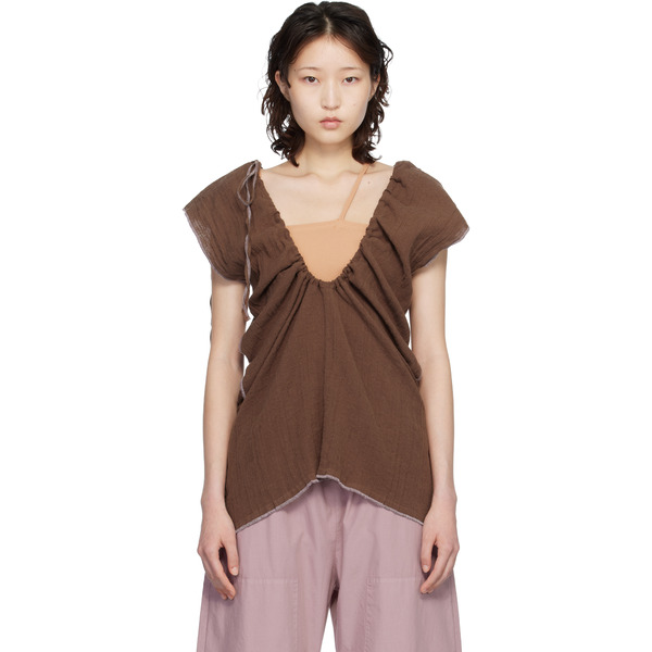  Baserange Brown Crinkle Linen Max Blouse 