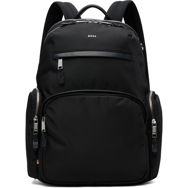  Boss Black Leather-trim Logo Lettering Backpack 