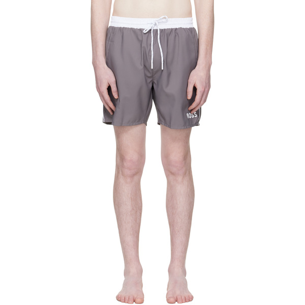  Boss Gray Contrast Band Logo Swim Shorts 