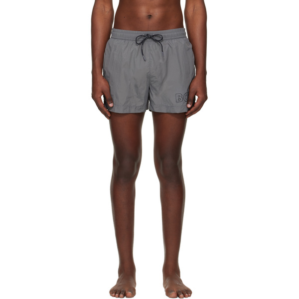  Boss Gray Outline Logo Print Swim Shorts 