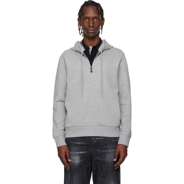  Boss Gray Stretch Cotton Logo Detail Zip-up Hoodie 