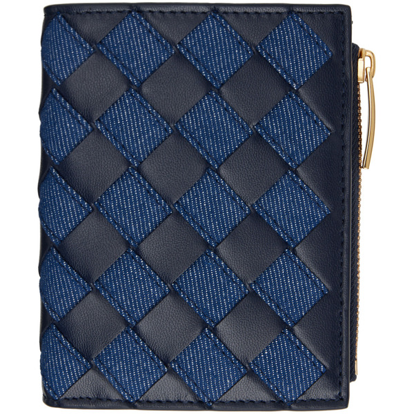  Bottega Veneta Navy Intrecciato Small Bi-fold Wallet 