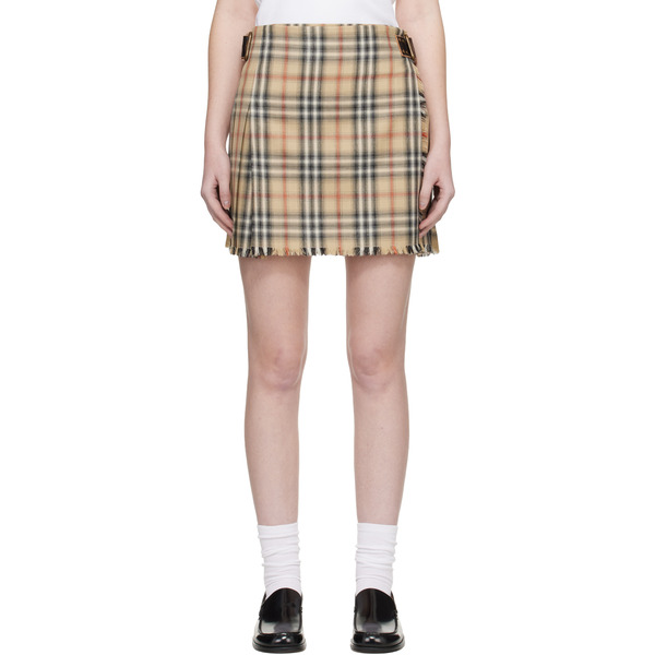  Burberry Beige Check Wool Mini Kilt Miniskirt 