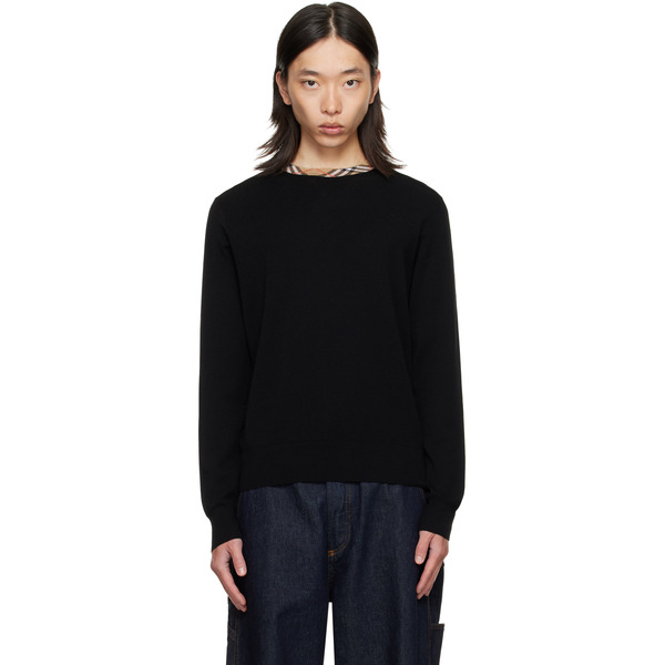  Burberry Black Check Trim Wool Sweater 