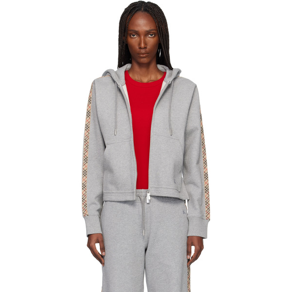  Burberry Gray Check Trim Cotton Zip Hoodie 