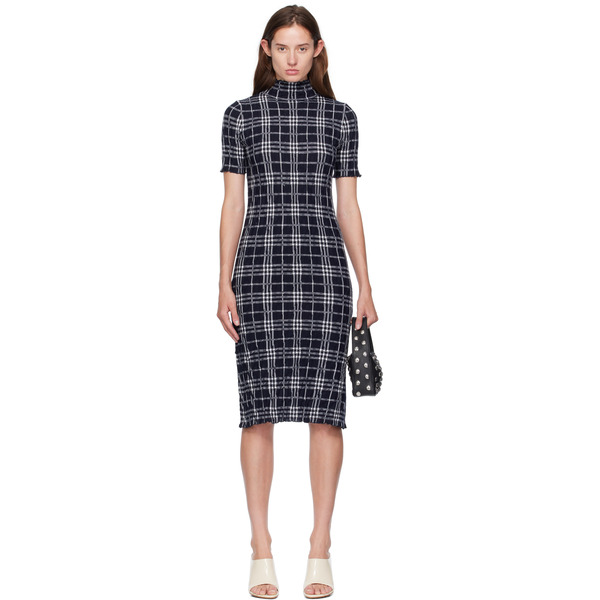  Burberry Navy & White Check Wool Blend Midi Dress 