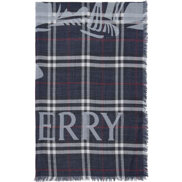  Burberry Navy Wide Ekd Check Wool Silk Scarf 