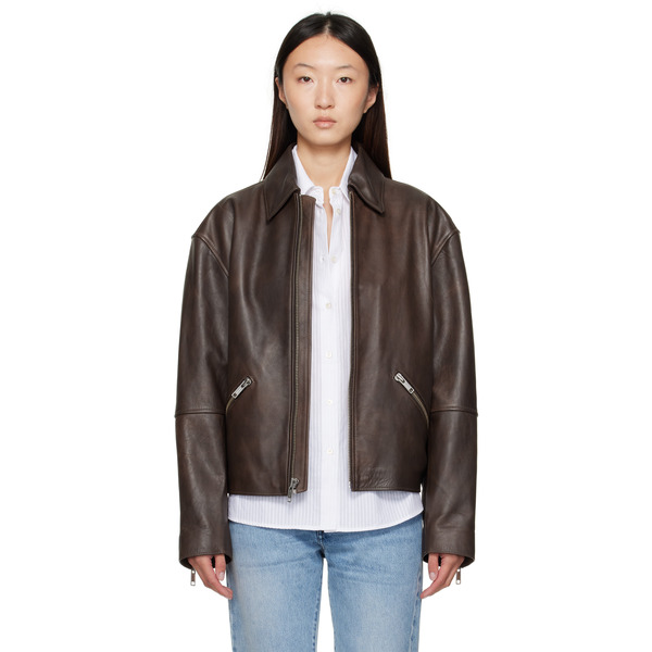  Calvin Klein Brown Biker Distressed Leather Jacket 