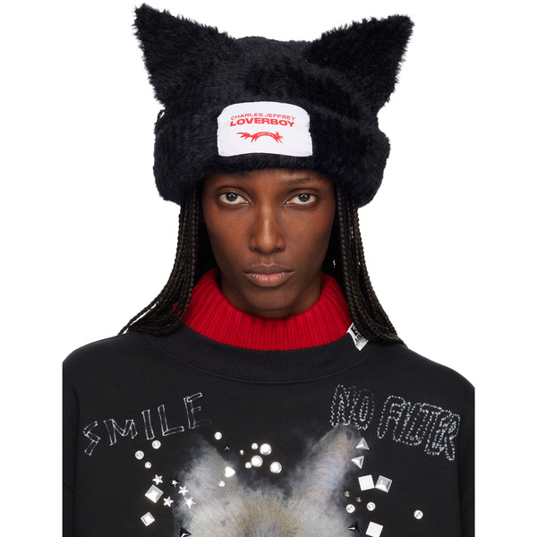  Charles Jeffrey Loverboy Black Fluffy Chunky Ears Beanie 