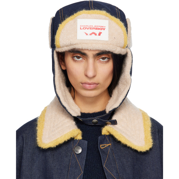  Charles Jeffrey Loverboy Navy & Beige Knit Patch Trapper Hat 