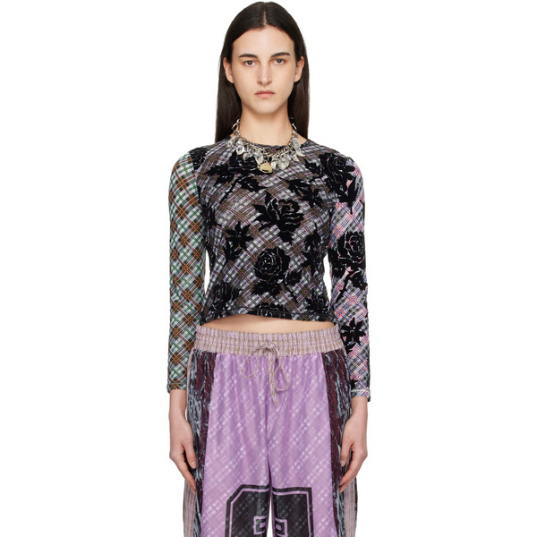  Chopova Lowena Multicolor Picnic Plaid Flocked Mesh Top 